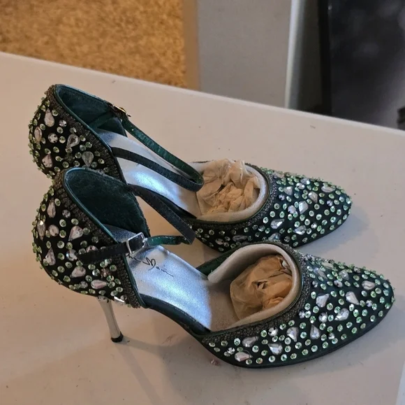 Marichi Mani Heels 8.5 Women Green Metallic Rhinestone Stiletto Party Bridal - Picture 11 of 15